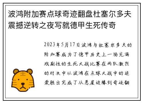 波鸿附加赛点球奇迹翻盘杜塞尔多夫震撼逆转之夜写就德甲生死传奇